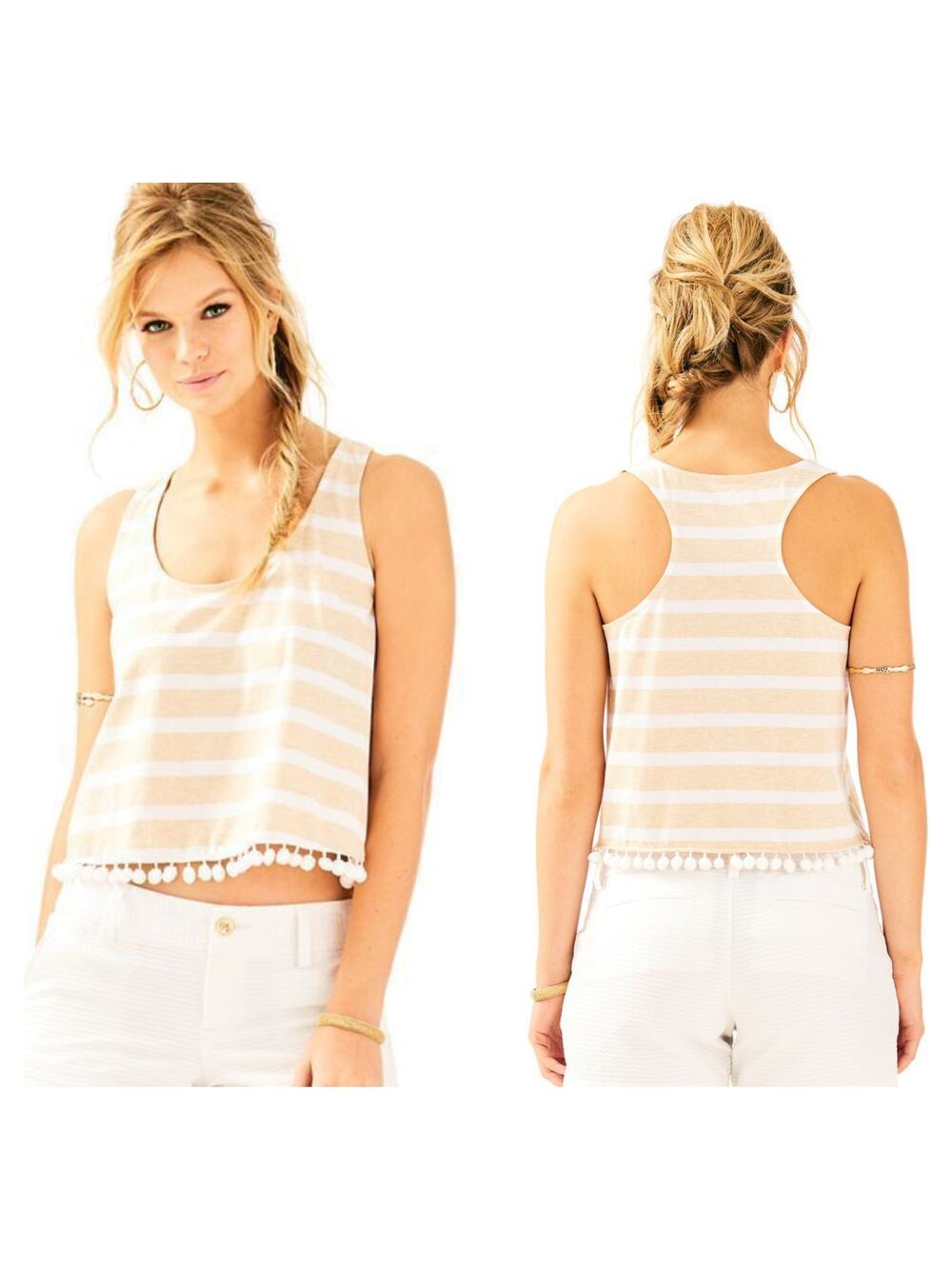 Lilly Pulitzer Heathered Sand Dune Shirley Crop Top Tank Pom Poms - Size XS -GUC